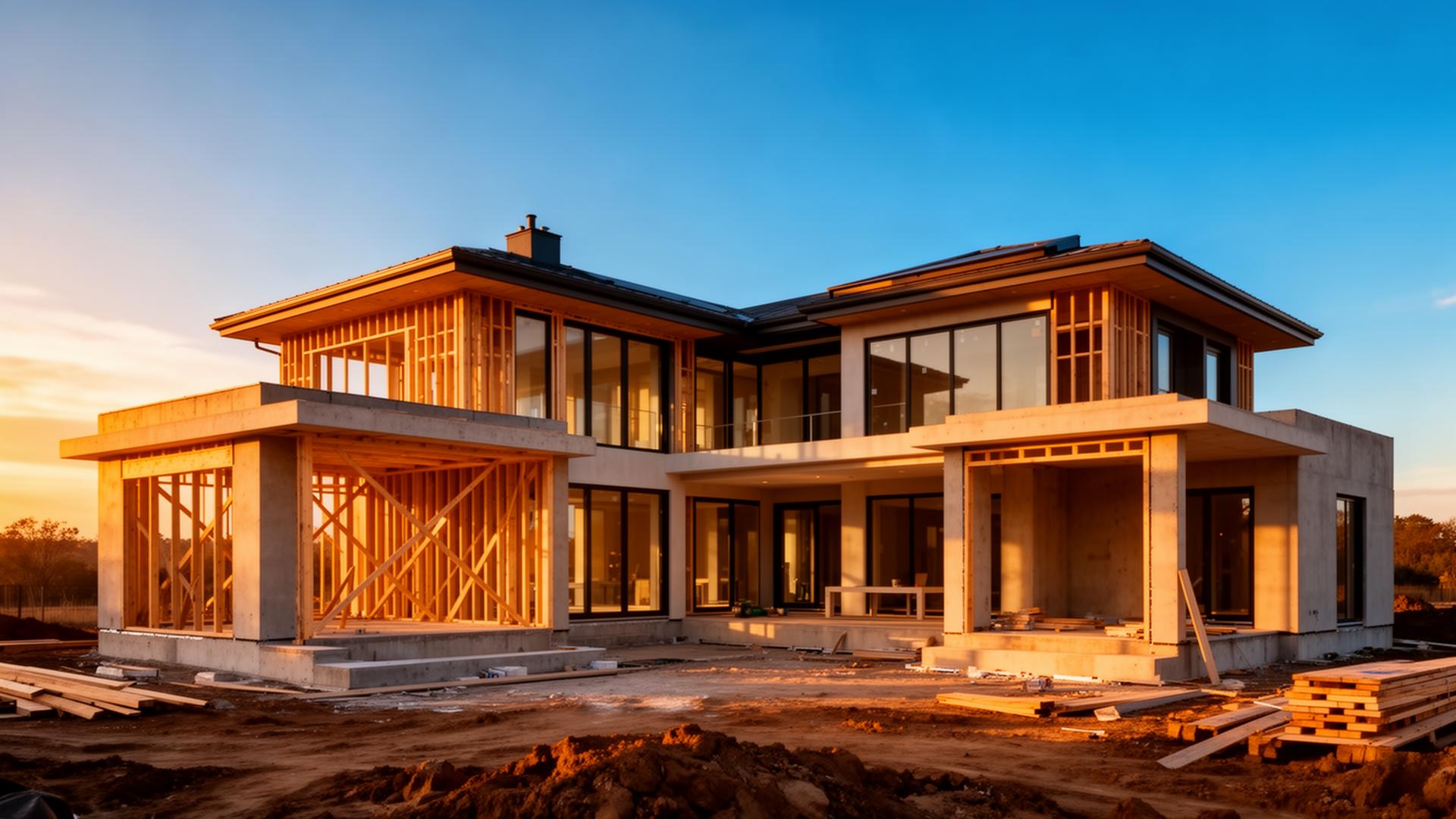 Modern home under construction at golden hour